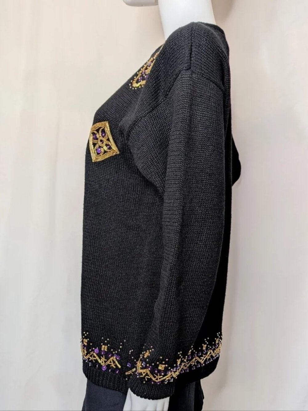 Vintage Marnie West Black Purple Beaded Sequin Sweater | L - Picture 5 of 12